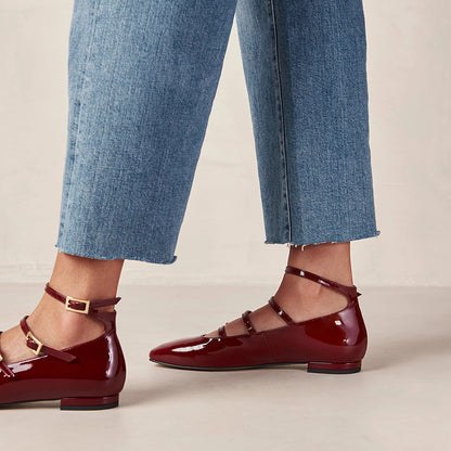 Burgundy Patent Leather Square Toe Buckled Ankle Strap Mary Jane Flats