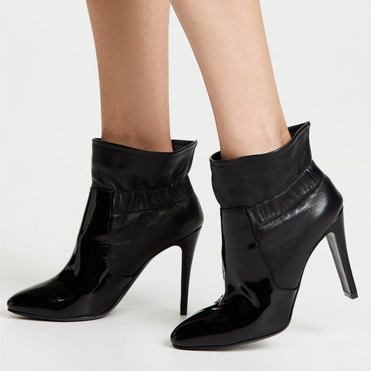 Black Patent Leather Patchwork Elastic Strap Chunky Heel Ankle Boots