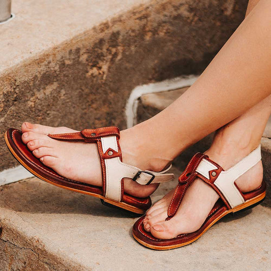 Brown and White Open Toe T-Strap Beach Flat Sandals for Women
