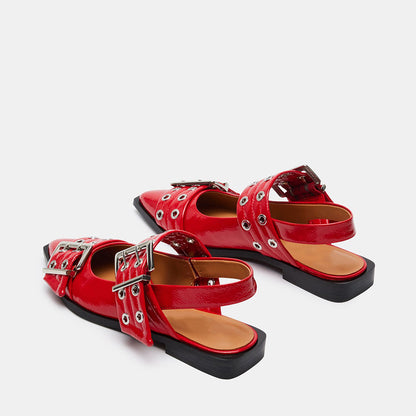 FSJ Red Pointed Toe Slingback Shoes Grommet Buckle Strap Flats