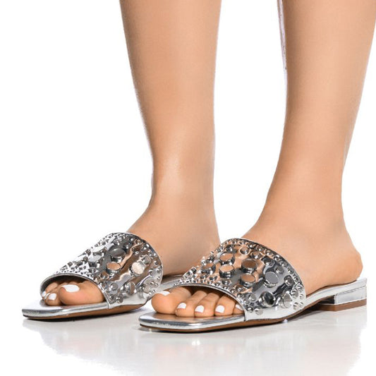 Classy Silver Women's Square Toe Studs Flat Mules Slide Sandals