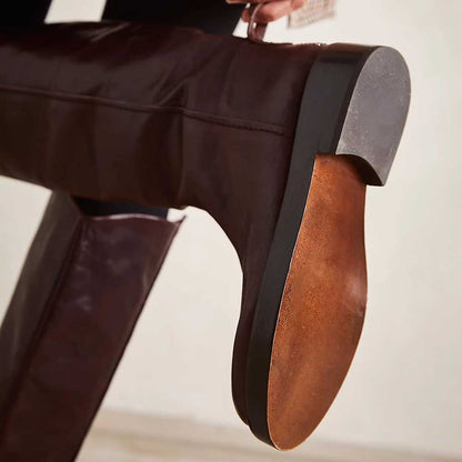 Burgundy Round Toe Pull-On Knee High Boots with Low Chunky Heel