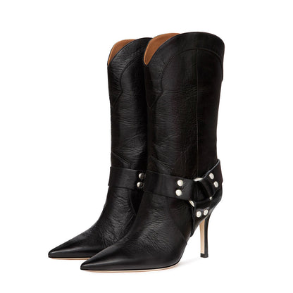 Black Vegan Leather Closed Toe 4'' Stiletto Heel Mid Calf Boots