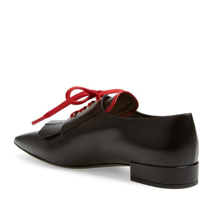 Black Vegan Leather Fringe Pointy Toe Flats Lace Up Women's Oxfords