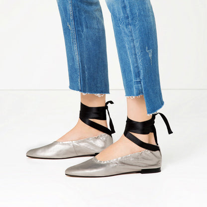 Silver Round Toe Comfortable Strappy Flat Ballerina Shoes
