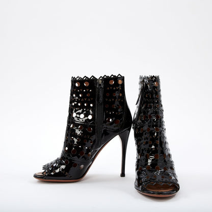 Black Patent Leather Hollow Out Peep Toe Stiletto Heel Ankle Boots