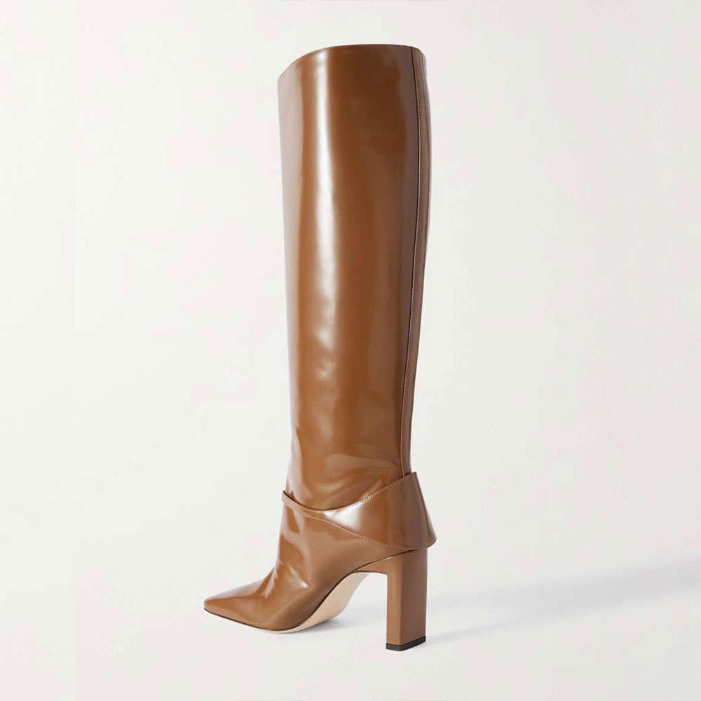 Brown Vegan Leather Square Toe Chunky Heel Wide Calf Knee High Boots