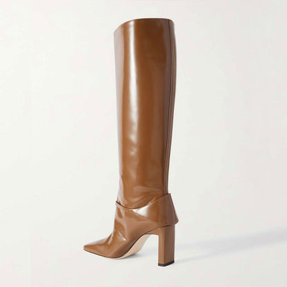 Brown Vegan Leather Square Toe Chunky Heel Wide Calf Knee High Boots