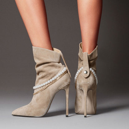 Beige Vegan Suede Pointed Toe Chain Slouchy Ankle Boots with Pearl