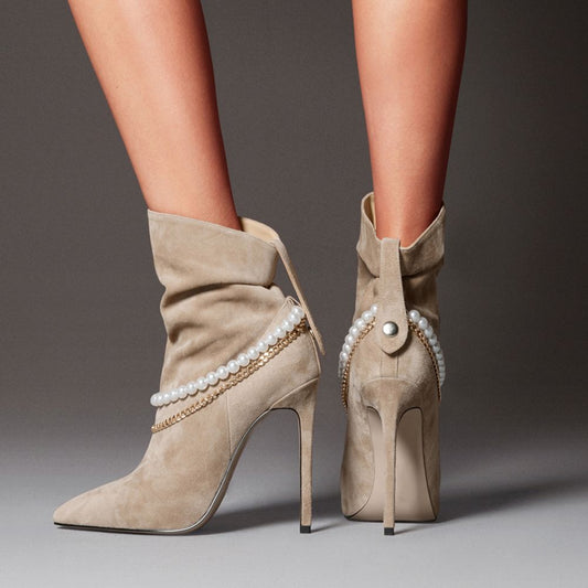 Beige Vegan Suede Pointed Toe Chain Slouchy Ankle Boots with Pearl