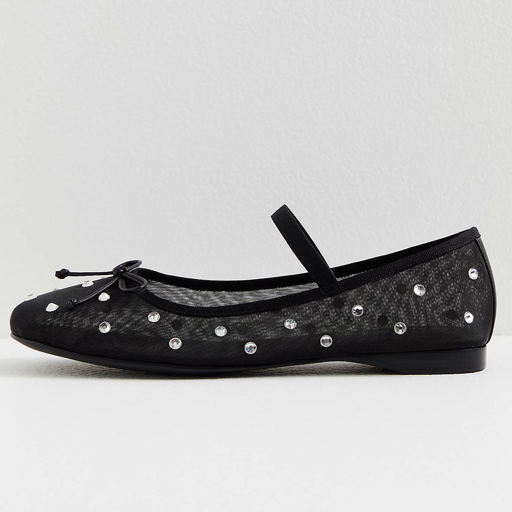 Black Mesh Round Toe Embellished Shiny Ballet Flats