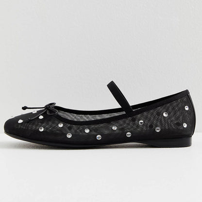 Black Mesh Round Toe Embellished Shiny Ballet Flats