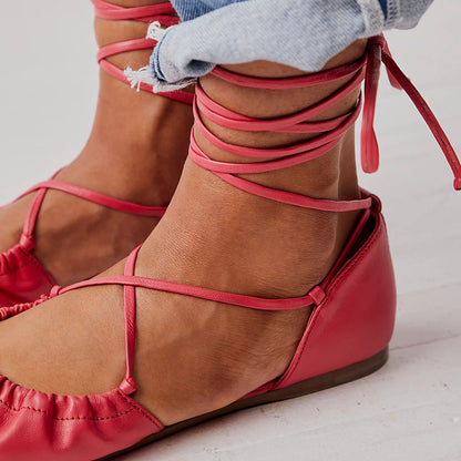 Red Violet Round Toe Side Cut-Out Lace Up Ballet Flats