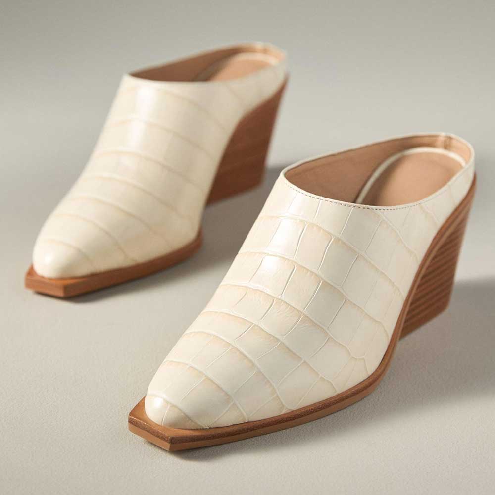 Beige Crocodile Embossed Almond Toe Western Wedge Heeled Mules