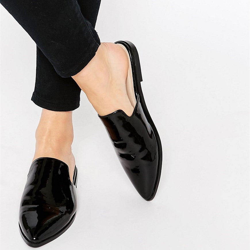 Black Patent Leather Mule Loafers Pointy Toe Casual Flats for Women