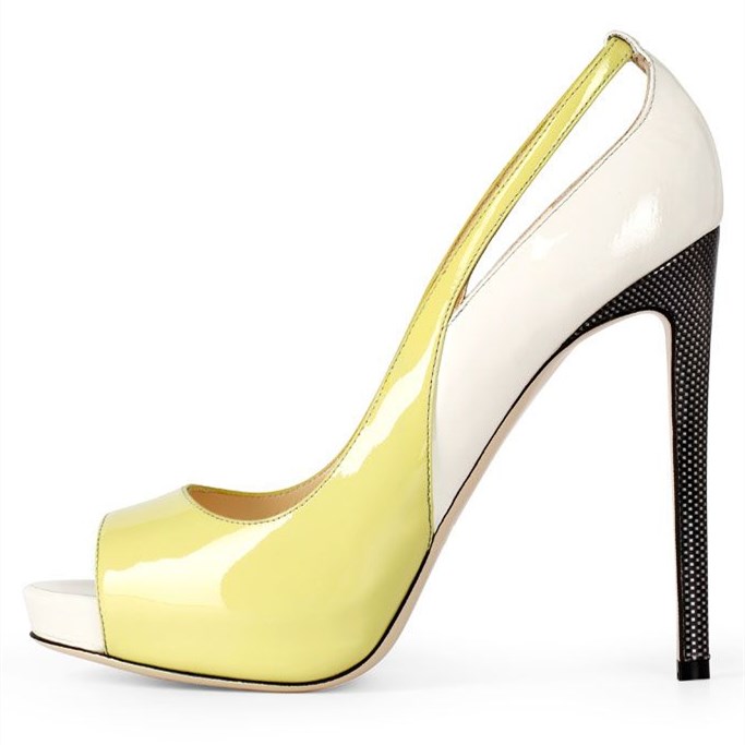 Women's Yellow & White Peep Toe Heels Cut-Out Platform Pumps