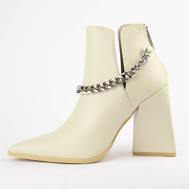 Women's White Classic Ankle Boots Chunky Heel Chain Cut Out Booties