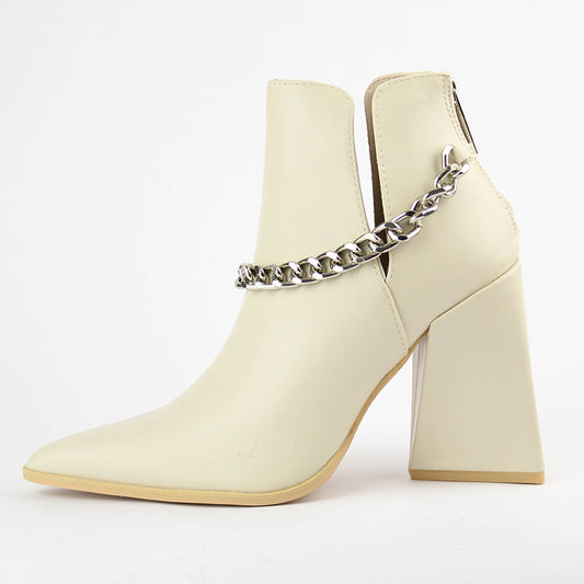 Women's White Classic Ankle Boots Chunky Heel Chain Cut Out Booties