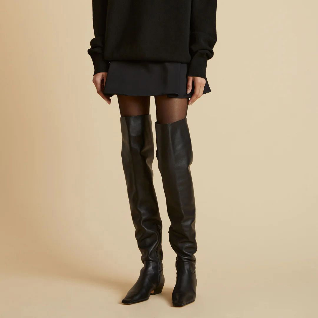 Black Square Toe Low Heel Pull-On Zipper Over the Knee High Boots