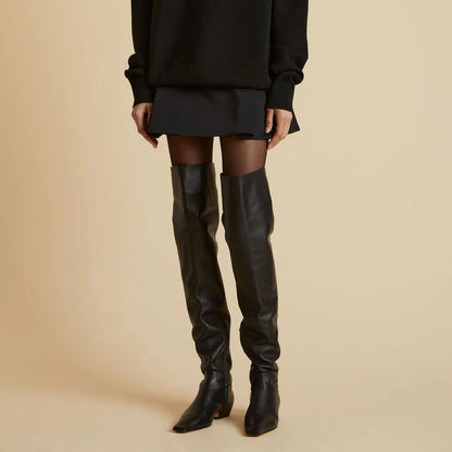 Black Square Toe Low Heel Pull-On Zipper Over the Knee High Boots