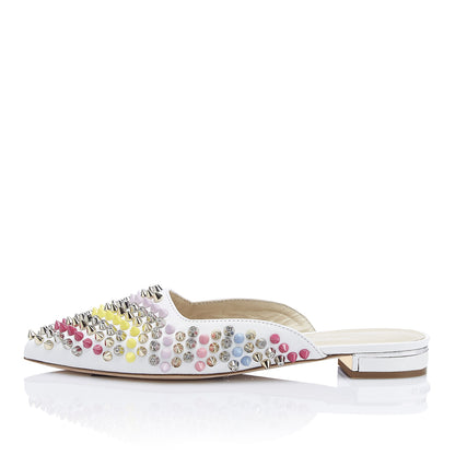 White Pointed Toe Flat Mules with Multicolor Rivets