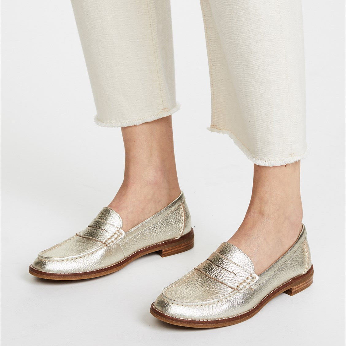 Champagne Litchi Grain Flats Round Toe Penny Loafers for Women