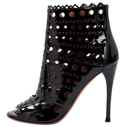 Black Patent Leather Hollow Out Peep Toe Stiletto Heel Ankle Boots