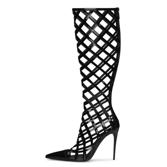 Black Pointed Toe Caged Design Stiletto Heel Knee High Boots