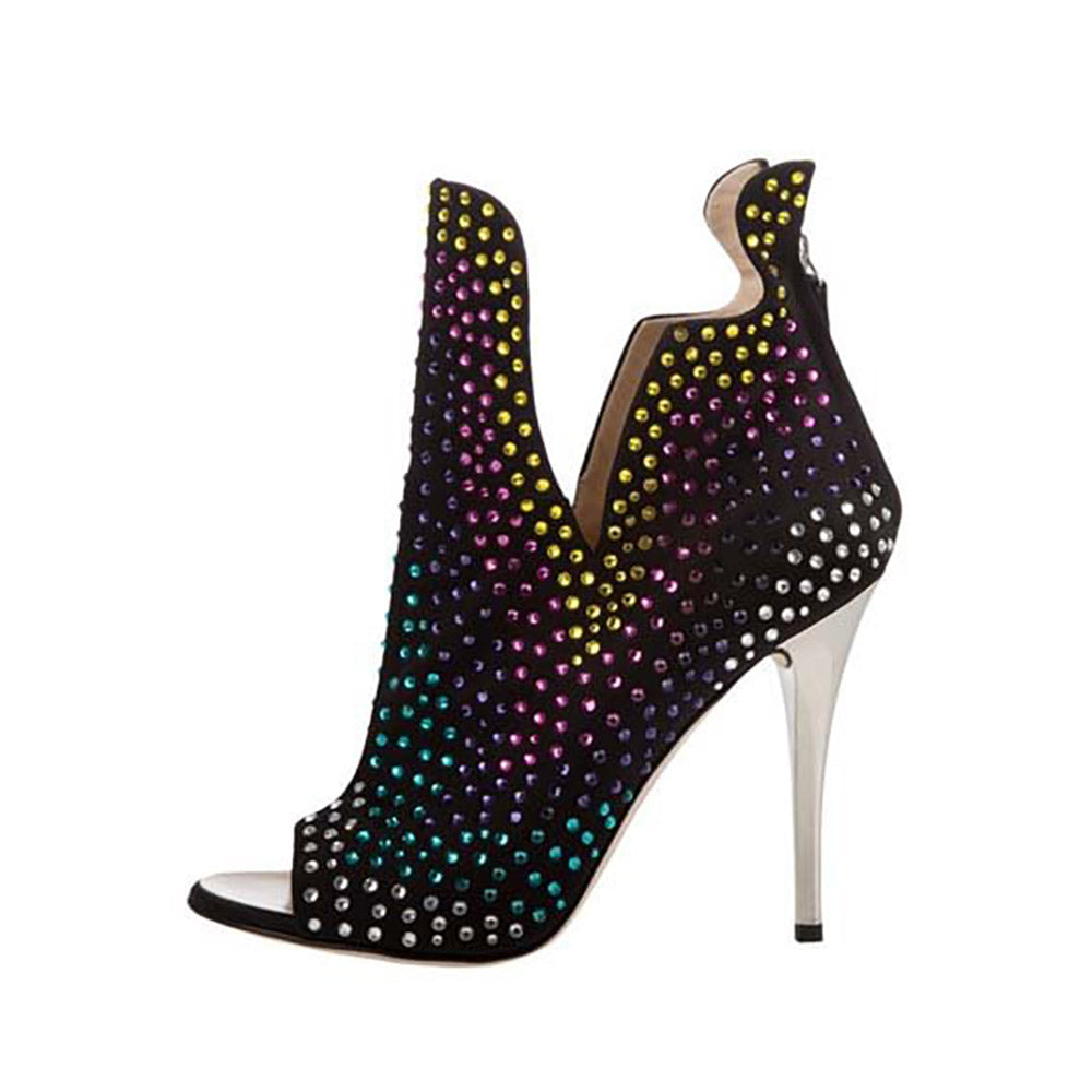 Black Heeled Booties Open Toe Cut Out Colorful Rhinestone Ankle Boots