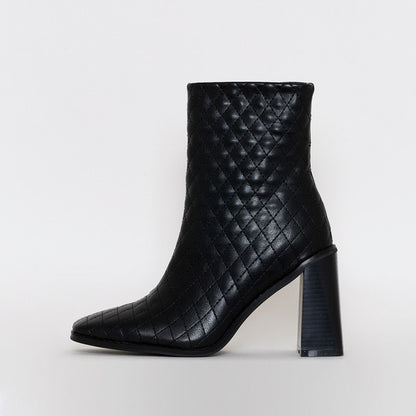 Black Zipper Chunky Heel Square Toe Mid Calf Boots
