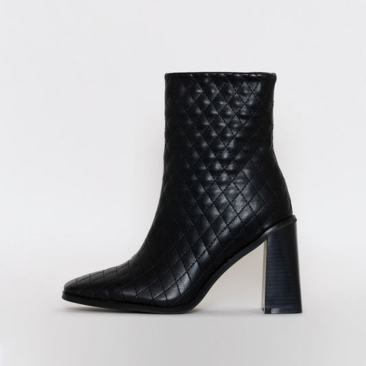 Black Zipper Chunky Heel Square Toe Mid Calf Boots
