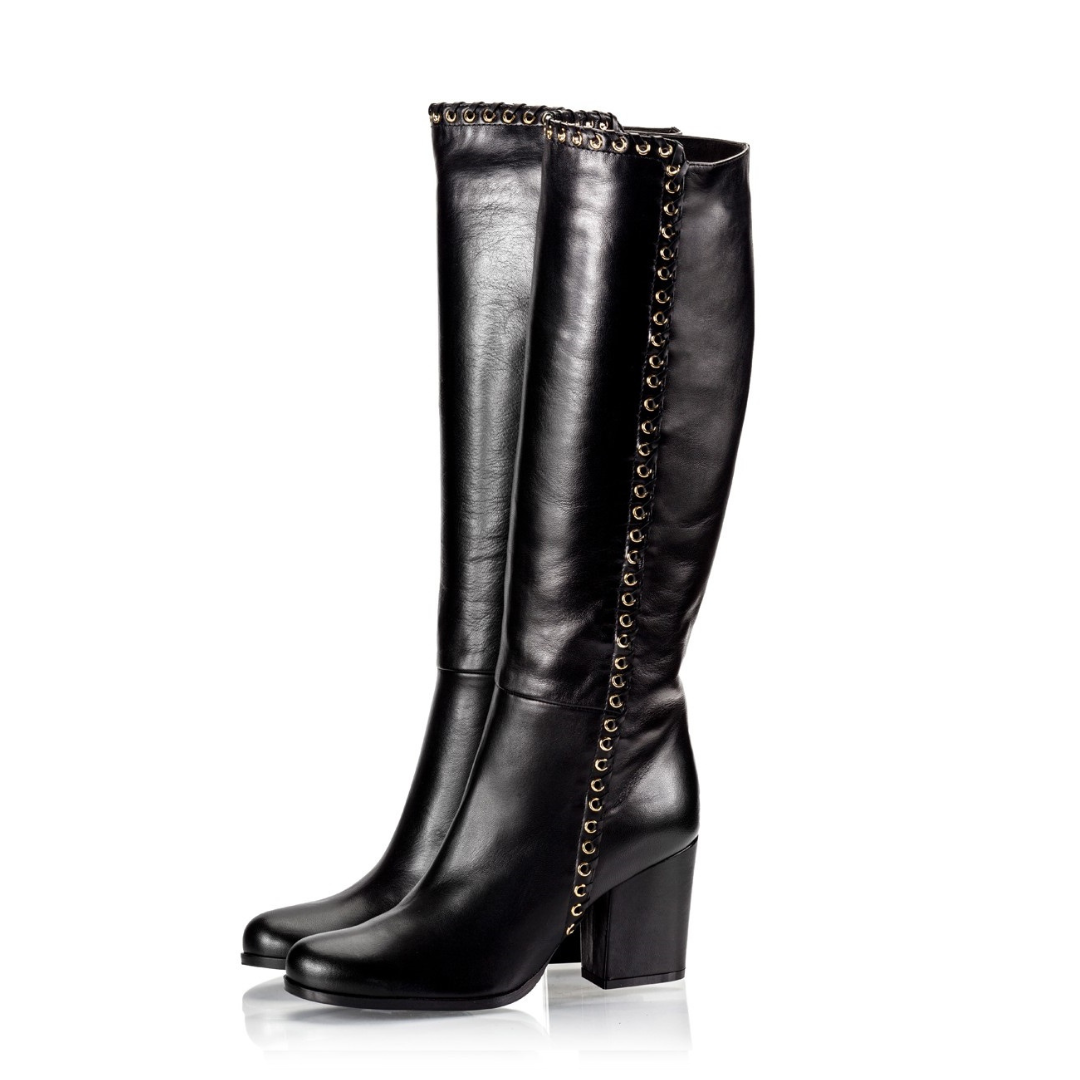 Black Round Toe Chunky Heel Knee High Boots with Studs