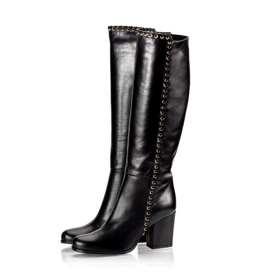 Black Round Toe Chunky Heel Knee High Boots with Studs