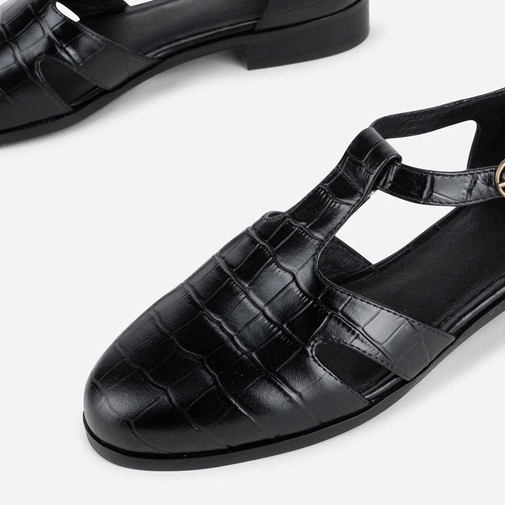 Black Vegan Leather Croc Embossed Round Toe T-Strap Cut-Out Flats