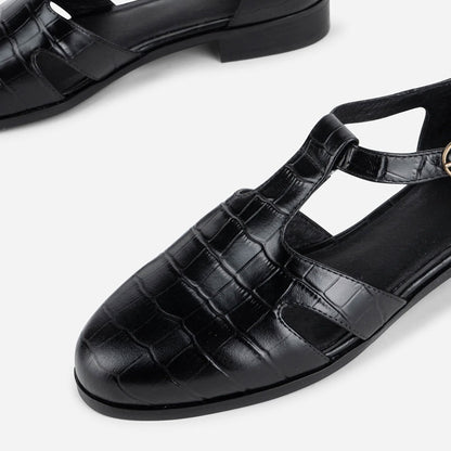 Black Vegan Leather Croc Embossed Round Toe T-Strap Cut-Out Flats