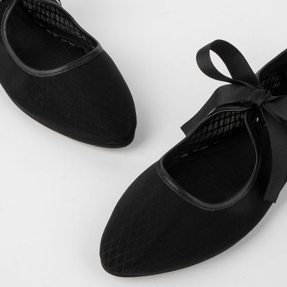 Women's Classic Black Closed-Toe Tie-Up Ballet Mesh Flats