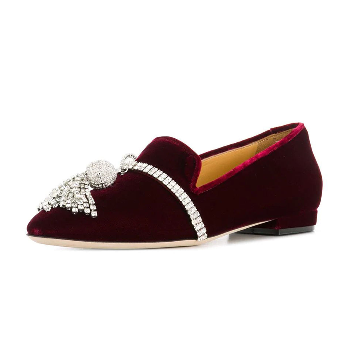 Burgundy Velvet Rhinestone Ornament Flat Loafers for Women