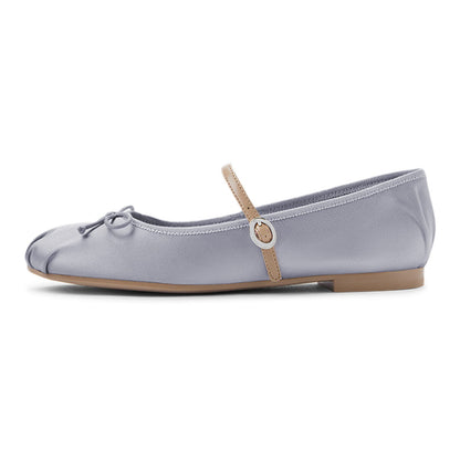 Gray Satin Round Toe Bow Decor Buckle Strap Classic Ballet Flats