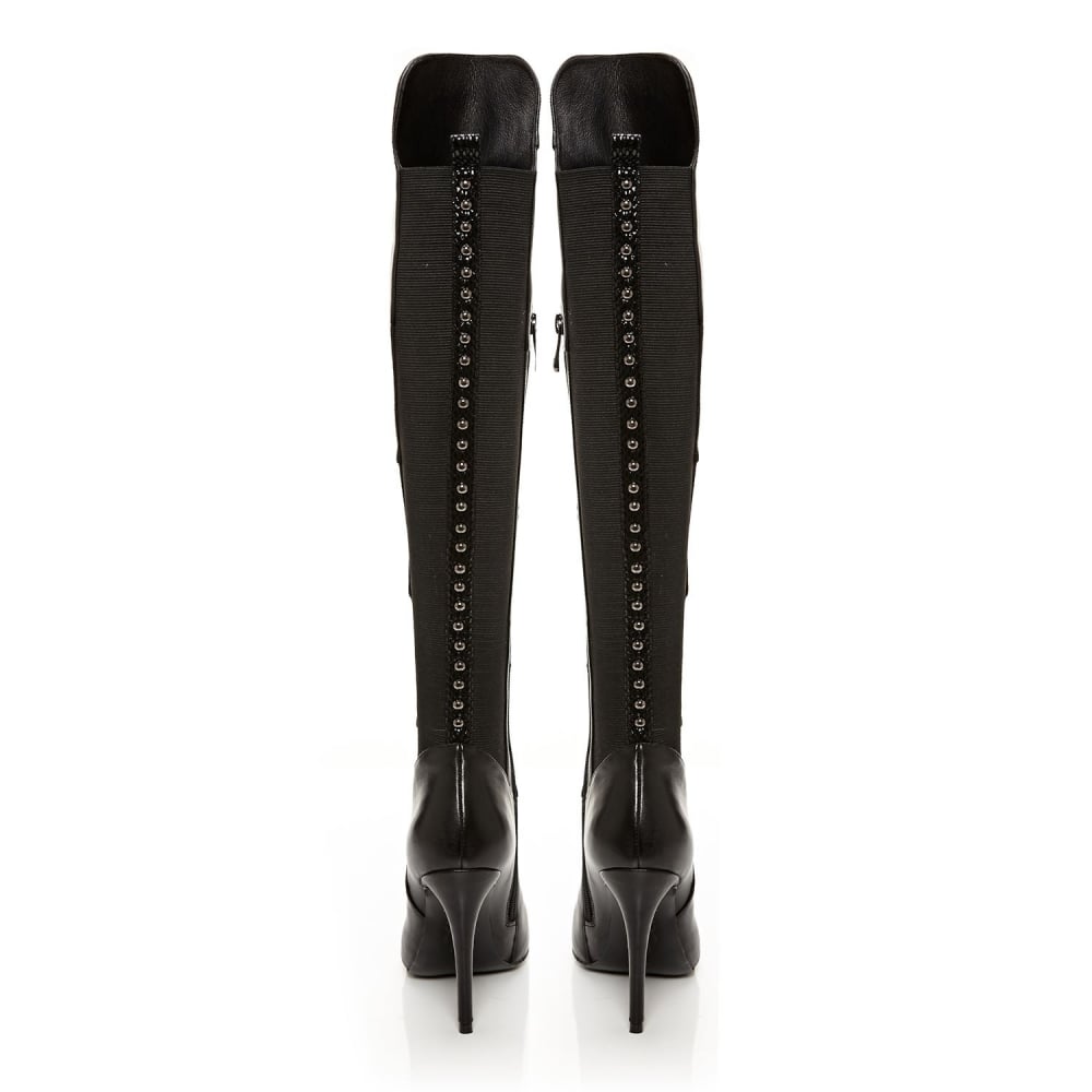 Black Closed Toe Stiletto Heel Stretch Knee High Boots for Women