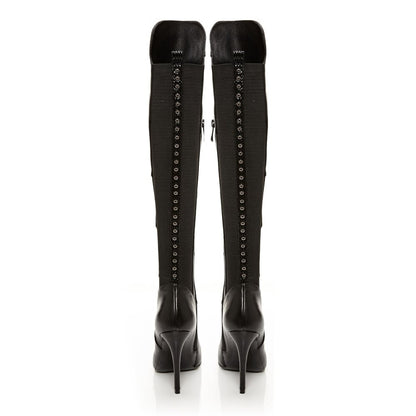 Black Closed Toe Stiletto Heel Stretch Knee High Boots for Women