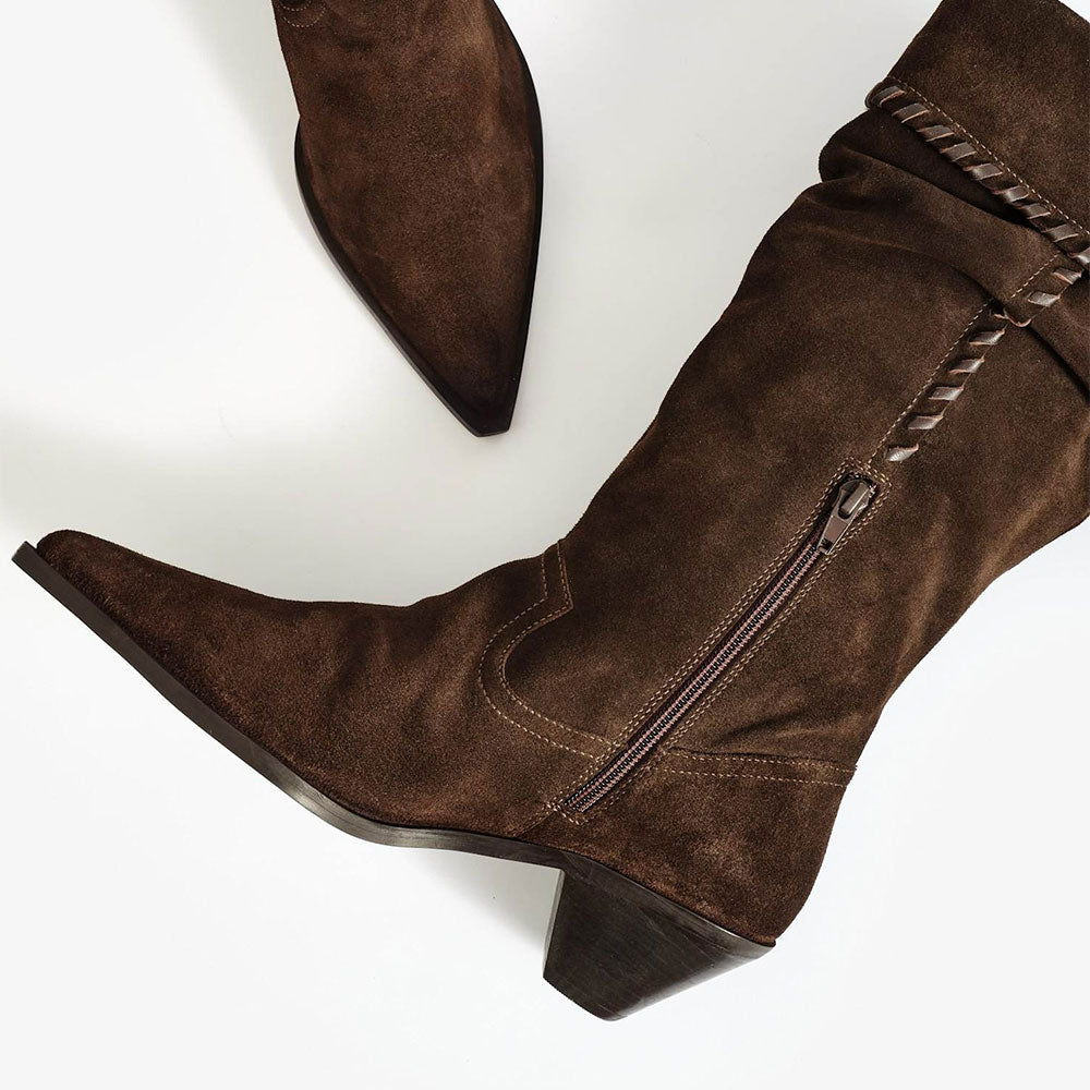 Brown Pointed Toe Whipstitch Chunky Heel Fold Over Mid Calf Boots