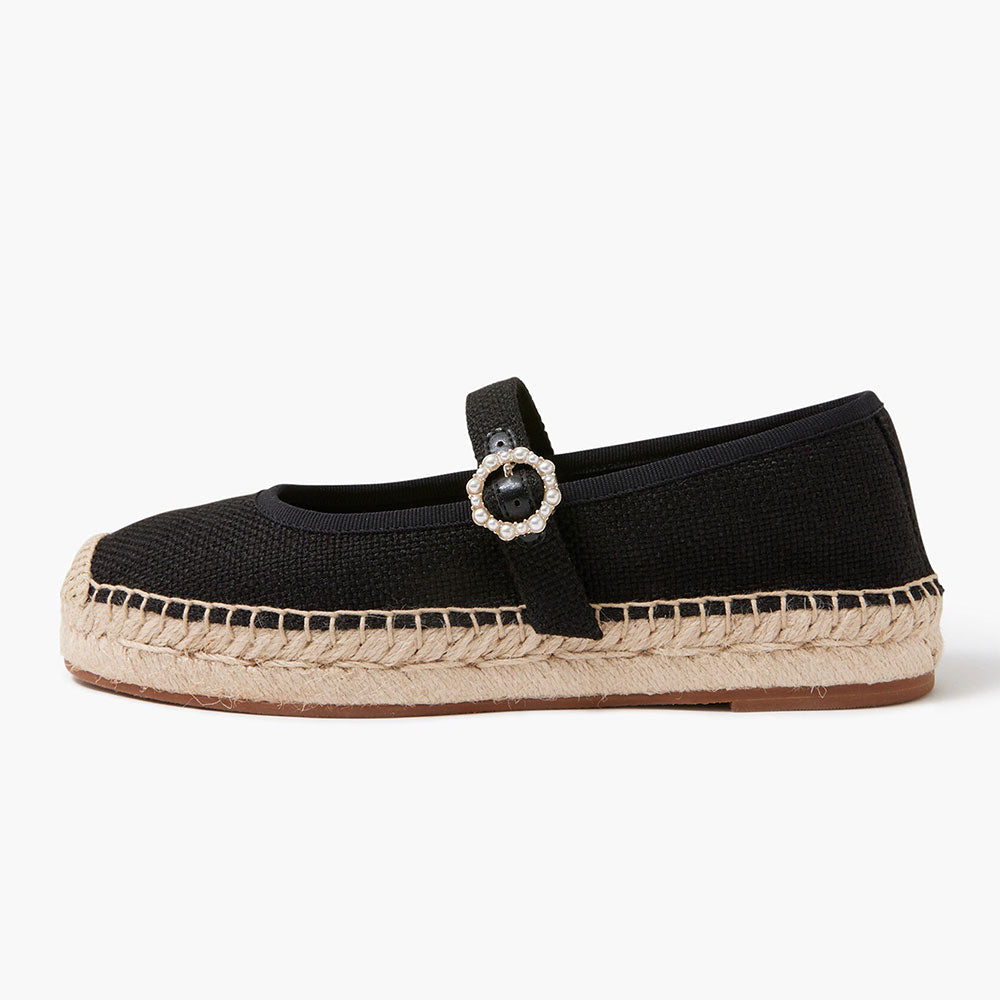 Women's Black Round Toe Pearl Buckle Espadrille Mary Jane flats