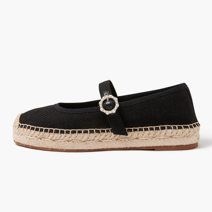 Women's Black Round Toe Pearl Buckle Espadrille Mary Jane flats