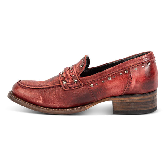 Maroon Distressed Block Heel Slip On Studded Low Heeled Loafers Women