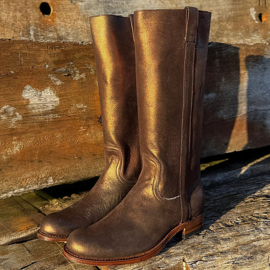 Gold Distressed Metallic Round Toe Chunky Heel Knee High Boots