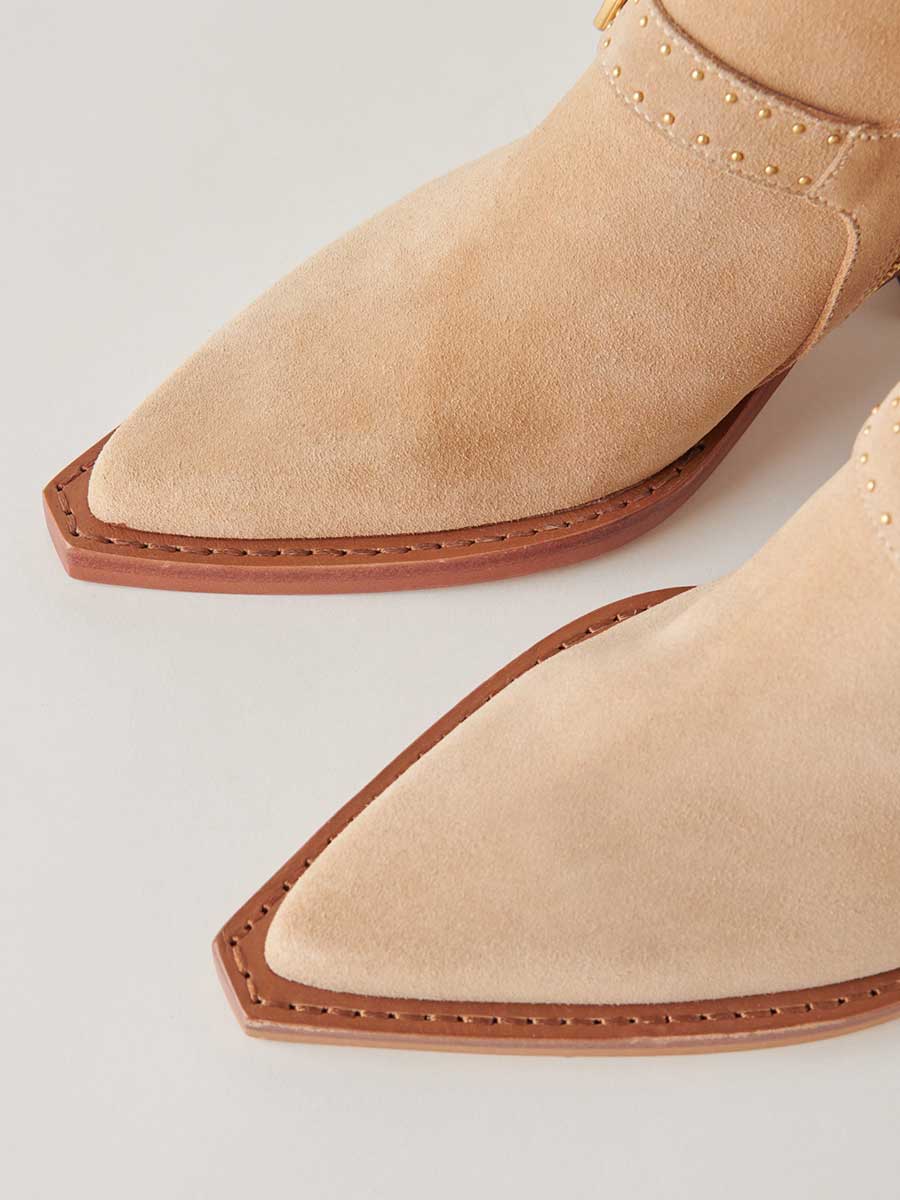 Brown Faux Suede Snip Toe Side-Zip Cowgirl Ankle Boots With Chunky Heels