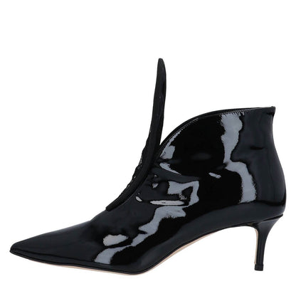 Black Patent Leather Kitten Heel Ankle Boots Pointed Toe Lace Booties