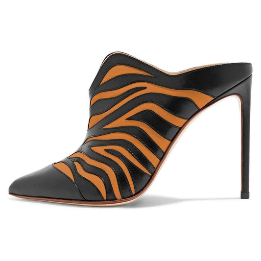 Black & Orange Pointed Toe Animal Print Mule Heels for Women
