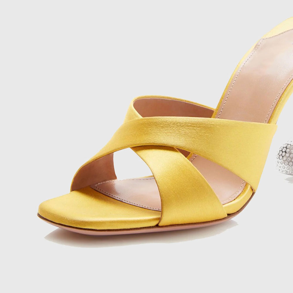 Yellow Crisscross Band Rhinestone Sculptural Heel Mules Sandals