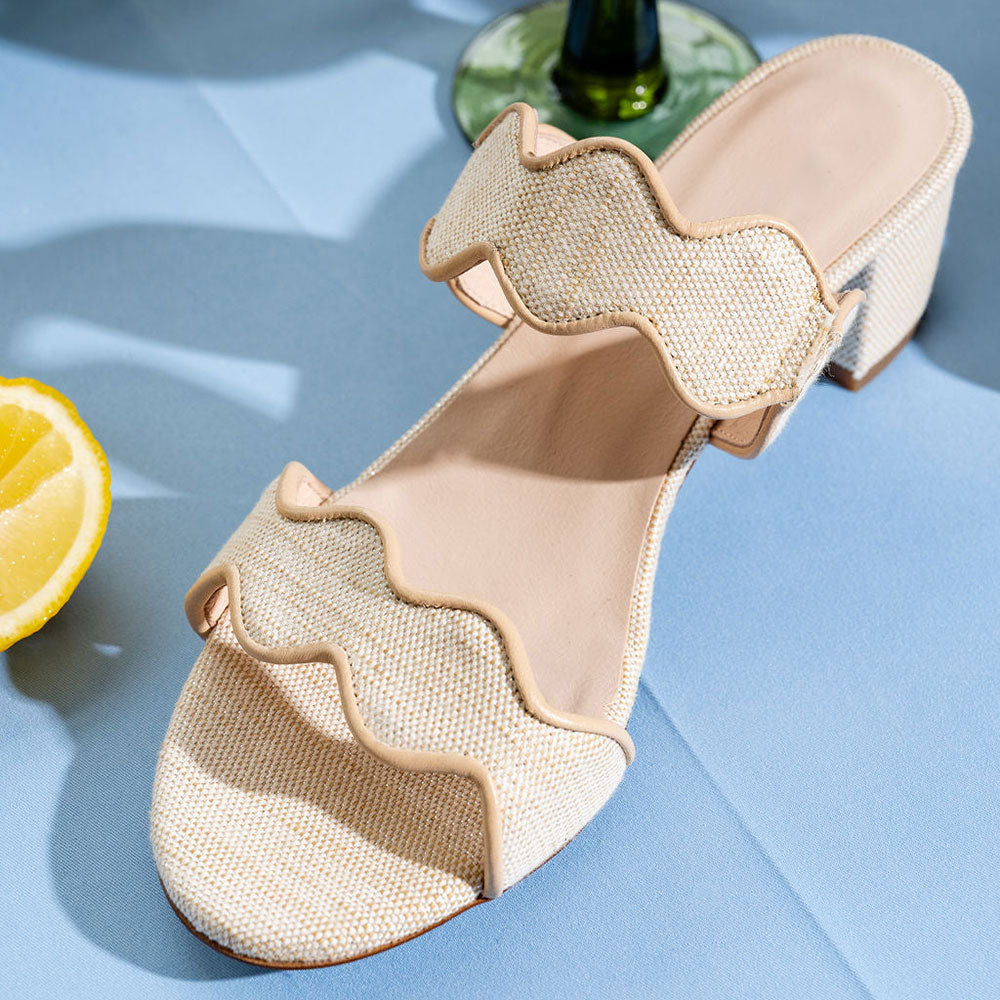 Women's Two Straps Open Toe Block Heel Beige Mules Sandals